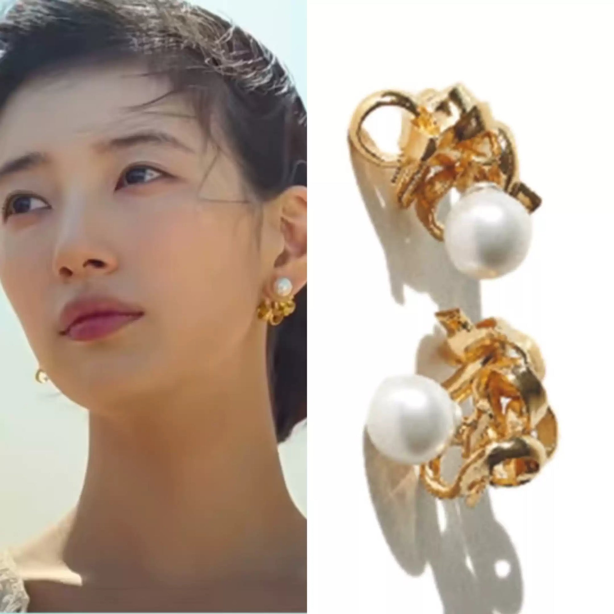 Genie, Make A Wish Ga-Young (Bae Suzy) Gold Abstract Earrings with Pearl