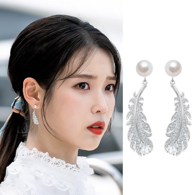 Feather drop dangle earrings IU style