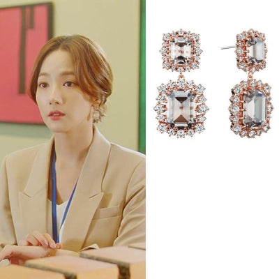 Kdrama Earrings inspired by Her Private Life as seen on Rachel Park Min-Young | Clear Square Gem Drop Earrings