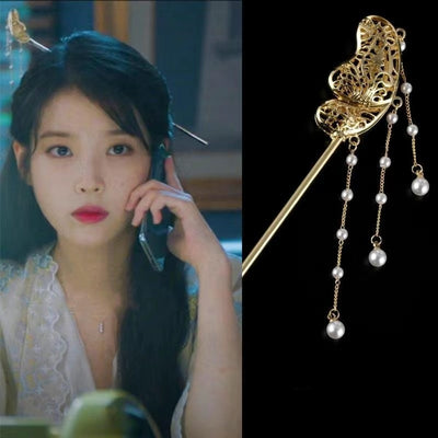 Gold Butterfly Hair Chopstick With Dangling Pearl Hotel Del Luna