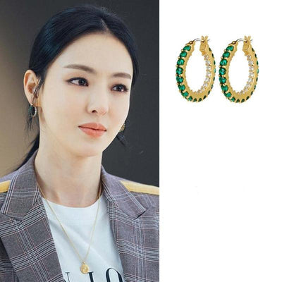 Kdrama Inspired Emerald & Gold Hoop Earrings Search WWW as seen on Lee Da-Hee
